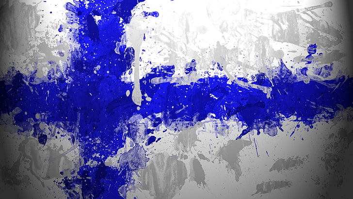 pintura abstrata azul e cinza, Suomi, Finlândia, bandeira, respingos de tinta, azul, branco, HD papel de parede