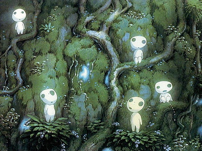 плакат с няколко бели призрачни анимационни героя, аниме, Studio Ghibli, Princess Mononoke, HD тапет HD wallpaper