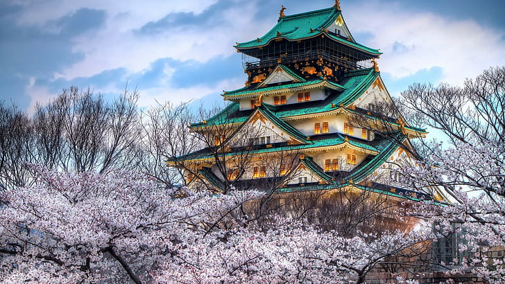 Ilustrasi rumah beton hijau dan putih, sakura, Jepang, Istana Osaka, Wallpaper HD