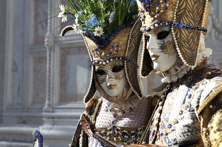 decoration, flowers, mask, costume, Venice, carnival, HD wallpaper
