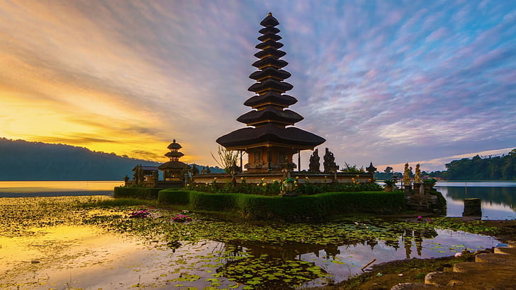 skog, vatten, ö, Indonesien, asiatisk arkitektur, natur, landskap, moln, solnedgång, Bali, reflektion, växter, träd, arkitektur, byggnad, sjö, tempel, HD tapet