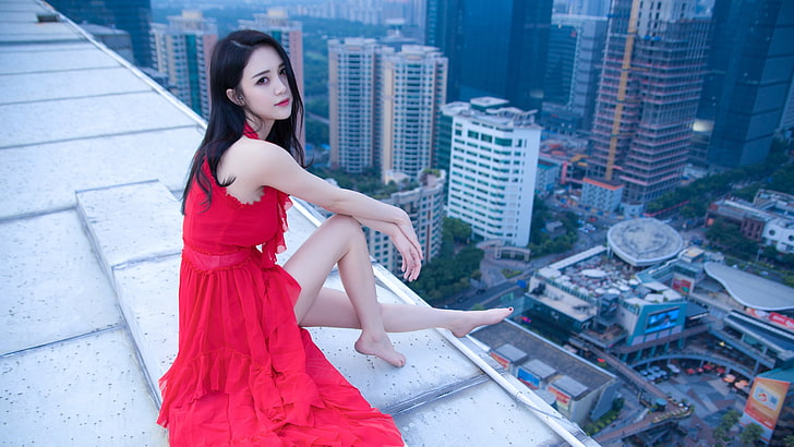 women's red dress, Asian, women, model, photography, city, barefoot, HD wallpaper
