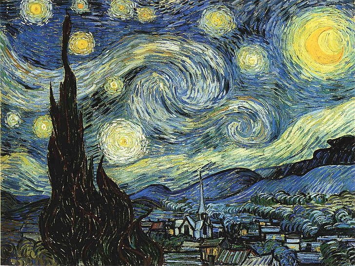 Gwiaździsta noc autorstwa Vincenta Van Gogha malarstwo, Vincent van Gogh, malarstwo, Gwiaździsta noc, sztuka klasyczna, Tapety HD