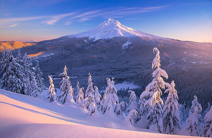 nature, paysage, montagnes, neige, forêt, lac, gel, pic enneigé, Mount Hood, hiver, pins, Oregon, Fond d'écran HD