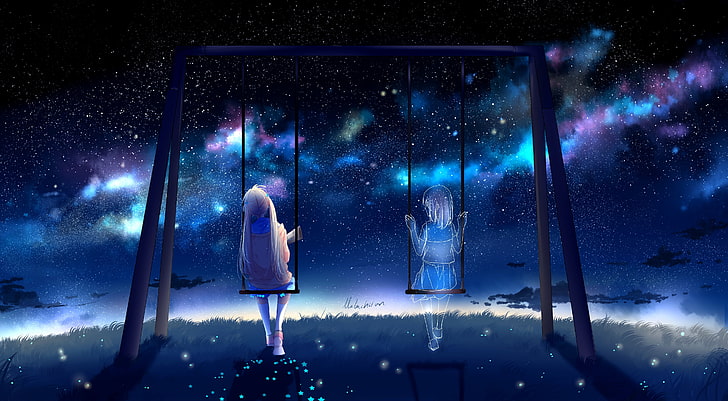 gadis anime, ayunan, teman, bintang, kesepian, langit, Anime, Wallpaper HD