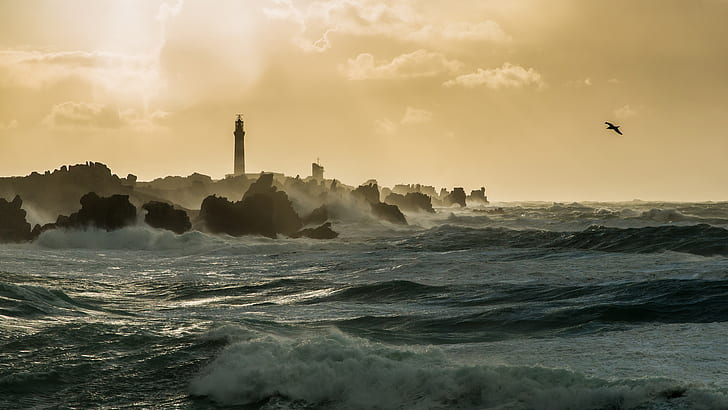 sea, waves, coast, lighthouse, rocks, clouds, sunlight, mist, landscape, HD wallpaper