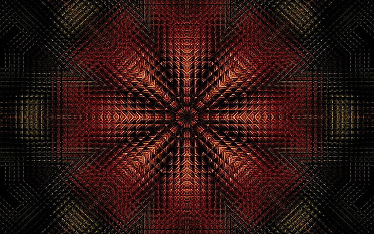 ilustracja złudzenie optyczne czerwony, brązowy, zielony i czarny, sztuka cyfrowa, abstrakcja, fraktal, symetria, Tapety HD