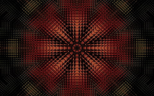 ilustracja złudzenie optyczne czerwony, brązowy, zielony i czarny, sztuka cyfrowa, abstrakcja, fraktal, symetria, Tapety HD HD wallpaper