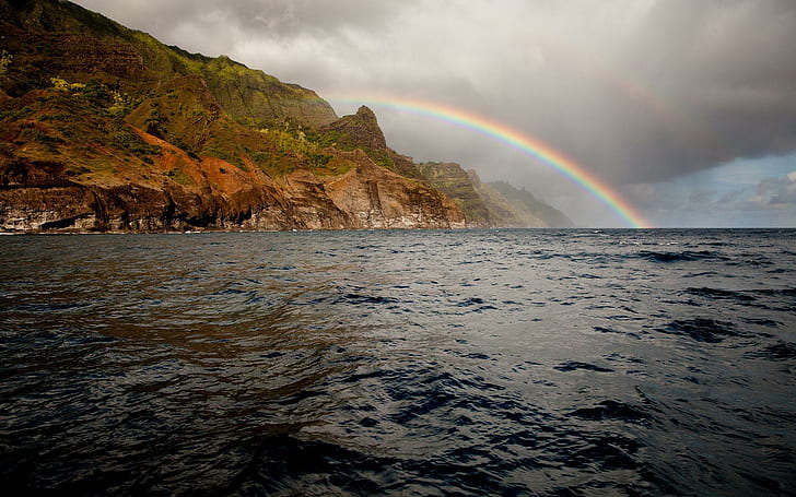 Rainbow beyond the coast, green and brown mountain, beaches, 1920x1200, rainbow, ocean, cliff, coast, HD wallpaper