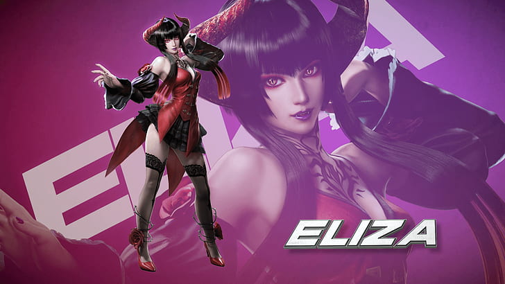 Tekken, Tekken 7, Eliza (Tekken), höga klackar, horn, långt hår, kjol, tatuering, lårhöga, kvinna, HD tapet