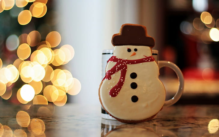 Noël, Nouvel An, biscuits, bokeh, tasse, bonhommes de neige, Fond d'écran HD