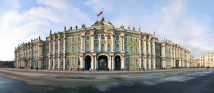 緑のコンクリートの建物、エルミタージュ美術館、冬の宮殿、サンクトペテルブルク、 HDデスクトップの壁紙