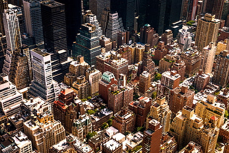 высотные здания, аэрофотосъемка зданий в дневное время, городской пейзаж, архитектура, здание, город, улица, Нью-Йорк, США, небоскреб, крыши, деревья, вид с высоты птичьего полета, HD обои HD wallpaper