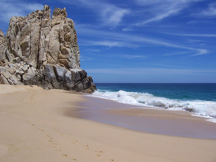 Cabo San Lucas, calm, rock, nature, beach, waves, sand, blue, outcropping, clouds, 3d and abstract, HD wallpaper