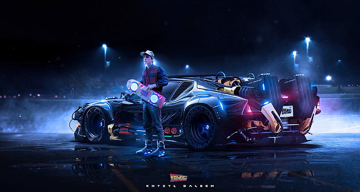 black sports car, Back to the Future, car, hoverboard, Khyzyl Saleem, DMC DeLorean, HD wallpaper