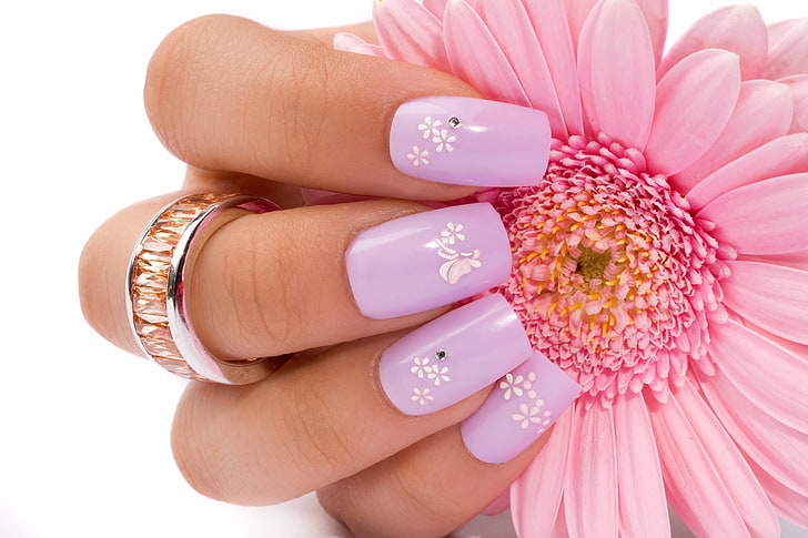 manicure viola, fiore, anello, mano, unghie, Sfondo HD