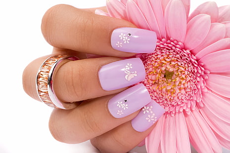 фиолетовый маникюр, цветок, кольцо, рука, ногти, HD обои HD wallpaper