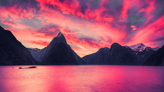 przyroda, góry, jezioro, niebo, chmury, Milford Sound, Nowa Zelandia, Tapety HD HD wallpaper