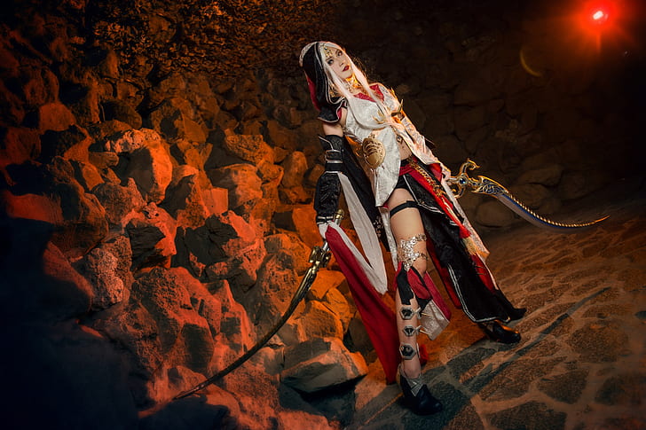look, girl, light, decoration, pose, style, the dark background, stones, weapons, rocks, feet, sword, hands, makeup, figure, lighting, blonde, costume, shoes, outfit, floor, image, cave, Asian, beauty, is, elf, swords, warrior, white hair, cosplay, long-haired, the girl-soldier, stone wall, militant, HD wallpaper