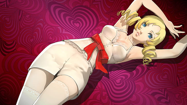 Catherine, Videospiele, auf dem Rücken liegend, Videospielmädchen, Blondine, Arme hoch, HD-Hintergrundbild