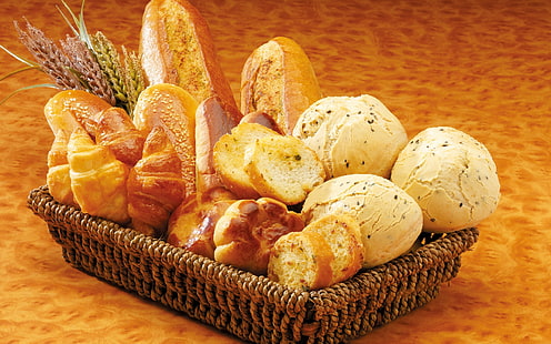 кошница печени хлябове, кошница, хляб, сладкиши, кифли, филийки, питки, кифлички, HD тапет HD wallpaper