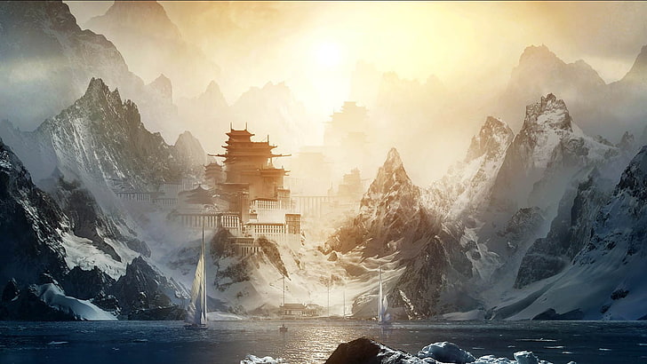 temple près d'un plan d'eau entouré de montagnes fond d'écran, œuvres d'art, art fantastique, montagnes, paysage, nature, Fond d'écran HD