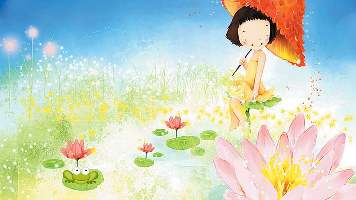 Umbrellla Girl, firefox persona, girl, cute, pond, whimsical, flowers, spring, umbrella, water lilies, summer, HD wallpaper