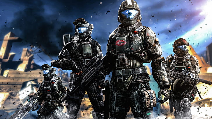 video games, Halo, futuristic armor, video game art, digital art, Halo 3: ODST, war, explosion, ODST, assault rifle, sniper rifle, destroyed, soldier, HD wallpaper
