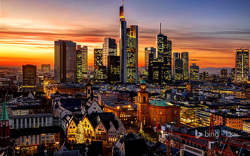 budynki miejskie, chmury, światła, dom, wieczór, Niemcy, Frankfurt nad Menem, Hesja, Tapety HD HD wallpaper