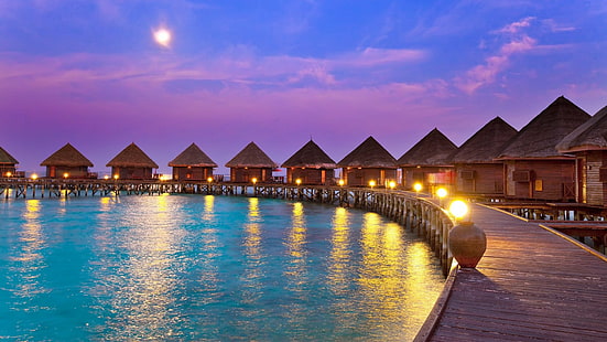 курорт, небе, размисъл, Малдиви, вечер, басейн, Тихия океан, вода, здрач, ваканция, бунгало, отдих, туризъм, кей, HD тапет HD wallpaper