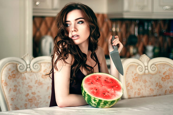 girl, watermelon, knife, Anastasia Lis, HD wallpaper