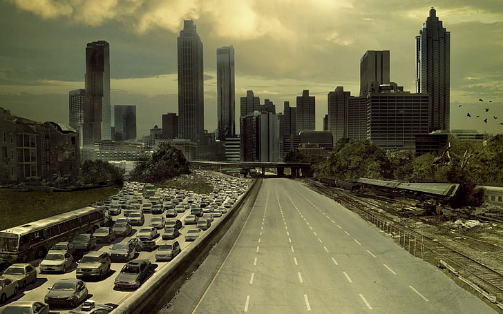 karpet area hitam dan putih bunga, kota, jalan, mobil, kehancuran, The Walking Dead, Wallpaper HD
