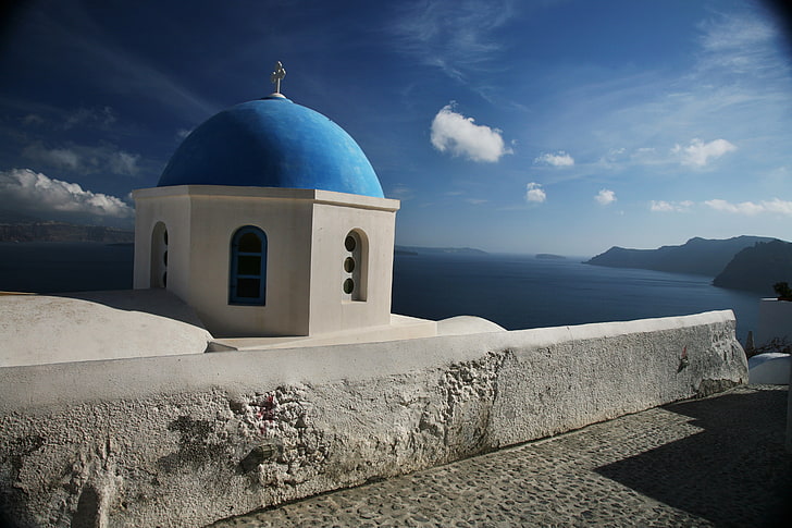 white and blue dome building, santorini, greece, clouds, dome, church, sky, sea, mountains, HD wallpaper