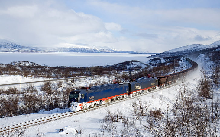 Lokomotywy elektryczne, pociąg towarowy, śnieg, pociąg, zima, Tapety HD