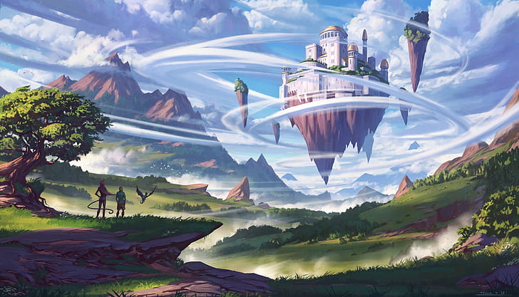 landscape, artwork, fantasy art, floating island, castle, mountains, clouds, HD wallpaper