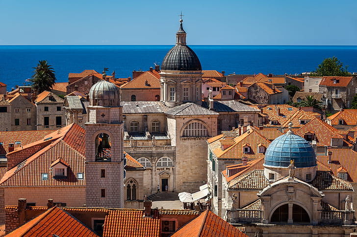 sea, building, roof, Church, Cathedral, Croatia, Dubrovnik, The Adriatic sea, Adriatic Sea, Cathedral Of The Assumption Of The Virgin Mary, The Church of St. Blaise, Luza Square, The Area Of The Bed, Church of Saint Blaise, Assumption Cathedral, Dubrovnik Cathedral, HD wallpaper