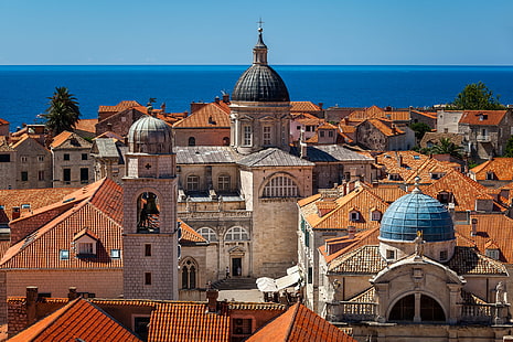 sea, building, roof, Church, Cathedral, Croatia, Dubrovnik, The Adriatic sea, Adriatic Sea, Cathedral Of The Assumption Of The Virgin Mary, The Church of St. Blaise, Luza Square, The Area Of The Bed, Church of Saint Blaise, Assumption Cathedral, Dubrovnik Cathedral, HD wallpaper HD wallpaper