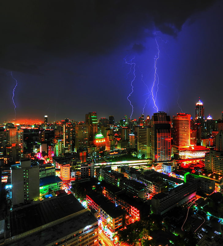 Lightning fork, night city, lightning, buildings, bangkok, thailand, HD  wallpaper | Wallpaperbetter