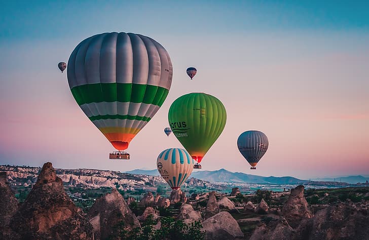 landscape, mountains, nature, balloons, rocks, Turkey, Cappadocia, HD wallpaper