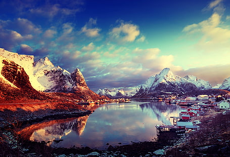 cuerpo de agua, nubes, cielo, sol, Noruega, bahía, invierno, montañas, nieve, islas Lofoten, Lofoten, Fondo de pantalla HD HD wallpaper