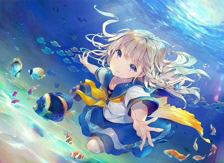 аниме, аниме девушки, под водой, блондинка, рыба, море, животные, HD обои
