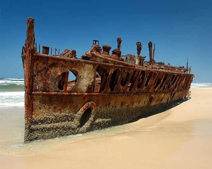 brown rusty boat, beach, Ship, the skeleton, rust, HD wallpaper
