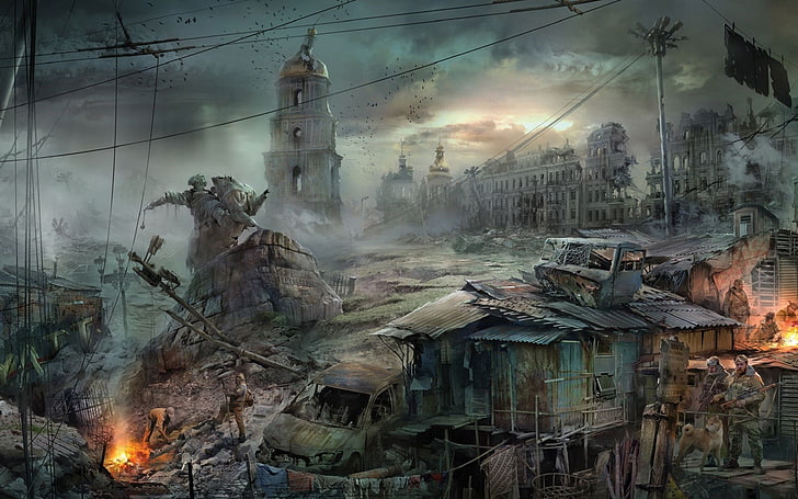 Ilustración de estructuras destrozadas, guerra, apocalíptico, ruina, Ucrania, Kiev, estatua, distópica, Fondo de pantalla HD