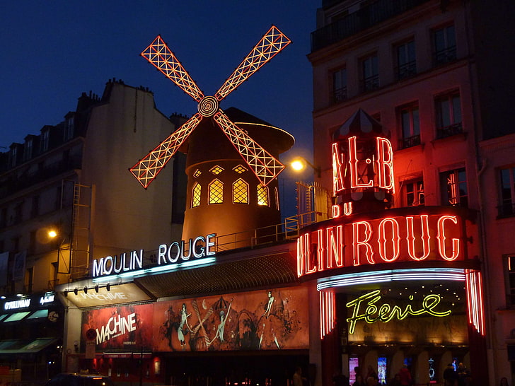cabaret, live entertainment, moulin rouge, neon signs, night, night life, nightclub, paris, HD wallpaper