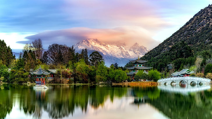 park, mountain, snow mountain, jade dragon snow mountain, lake, reflection, china, yun nam, lijiang, town, HD wallpaper