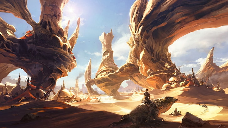 peinture de champ de désert marron, art fantastique, désert, Luke Skywalker, œuvres d'art, œuvres d'art, planète, sable, paysage, marron, Fond d'écran HD