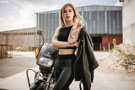 women, blonde, black clothing, tattoo, portrait, women with motorcycles, women outdoors, belly, Yamaha, nose ring, leather jackets, black jackets, black tops, black pants, leather pants, holding hair, pierced nose, red lipstick, HD wallpaper HD wallpaper