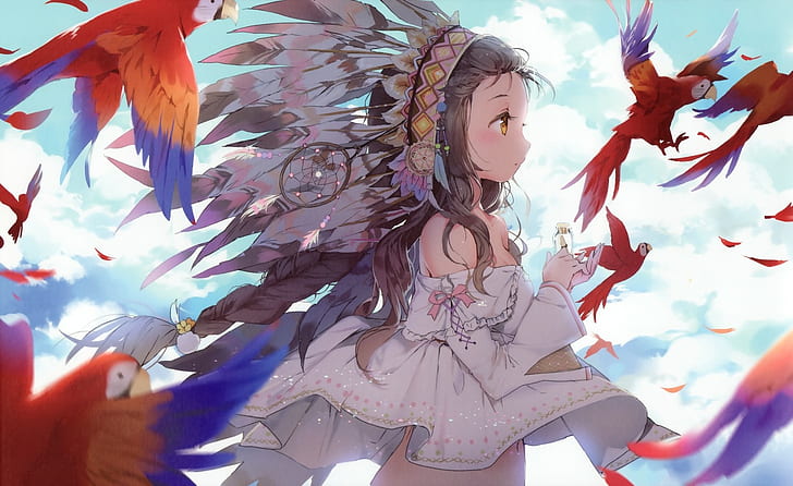 Anime Girls, Vögel, originelle Charaktere, indianische Kleidung, Federn, Brünette, HD-Hintergrundbild