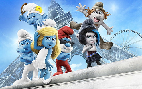 The Smurfs 2, movies, eiffel-tower, clumsy, entertainment, paris, smurfette, beautiful, the-smurfs, france, HD wallpaper HD wallpaper