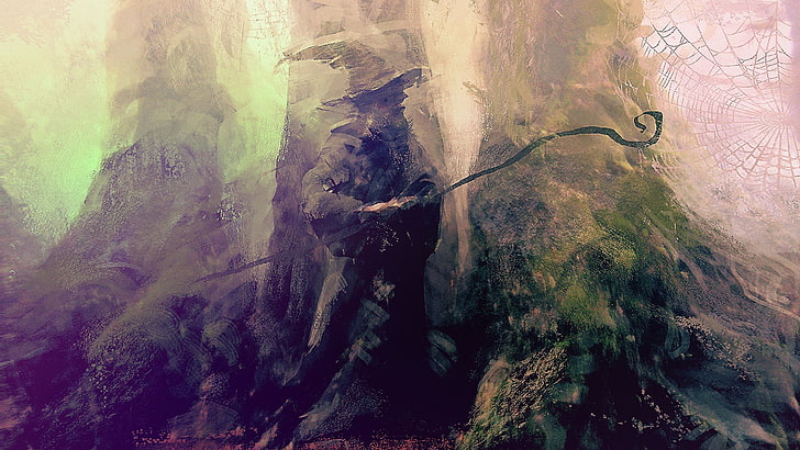 Pria memegang tongkat berdiri di samping ilustrasi batang pohon cokelat, Gandalf, The Lord of the Rings, seni fantasi, Wallpaper HD